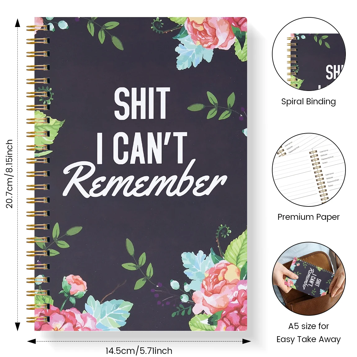 كتاب كلمة المرور مقاس A5 مضحك "Shit I Can't Remember" دفتر ملاحظات منظم بكلمات المرور لأسماء المستخدم وكلمات المرور على الموقع #2