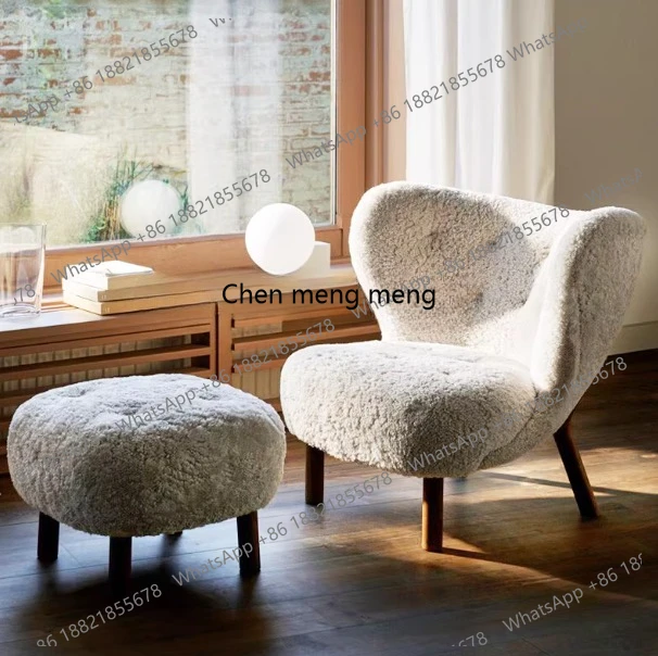 

Nordic lamb plush single sofa balcony chair designer solid wood leisure Internet celebrity sofa chair Lazy recliner