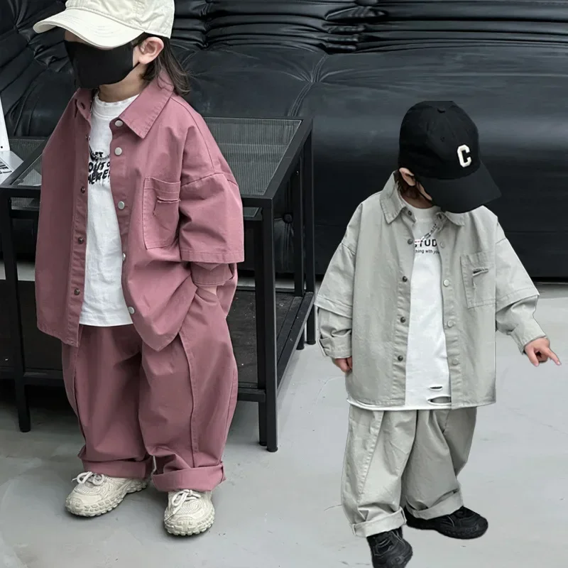 

Boys Set 2024 Spring Korean Two-piece Set Childrens Fashion Fake Two-piece Shirt Childrens Clothing Long Sleeved Set