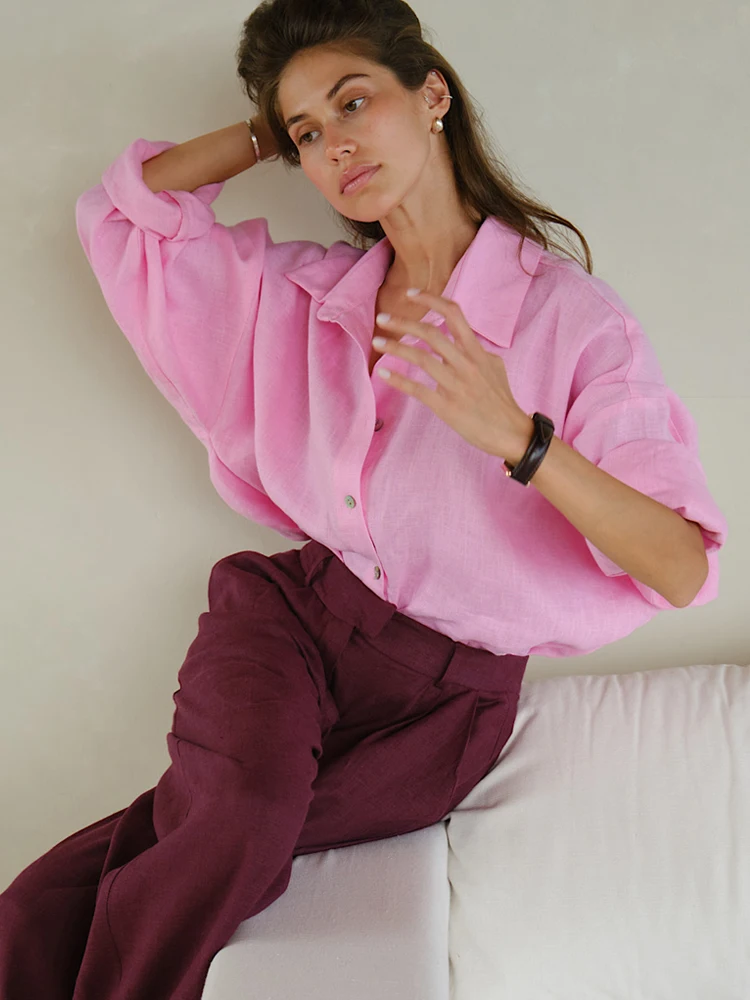 White Women's Linen Shirt Long Sleeve Elegant Pink Oversize Blouse Vintage Spring Basic Top Collar Cotton Linen Shirt for Women 5