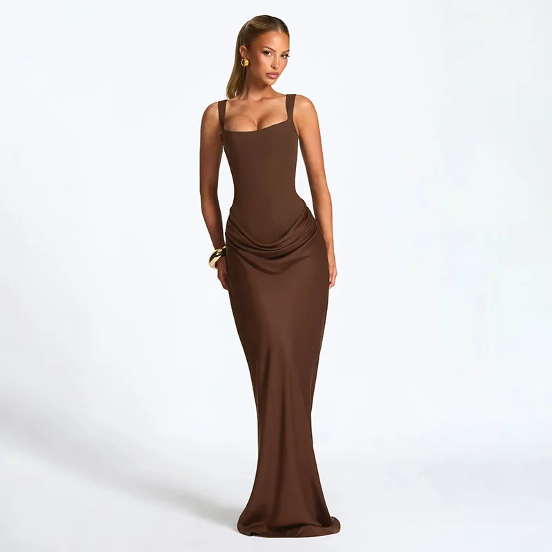 Elegante Y2K laag uitgesneden maxi-jurk voor dames bodycon ruches mouwloos backless sexy herfst winter party club jurken outfit cadeau