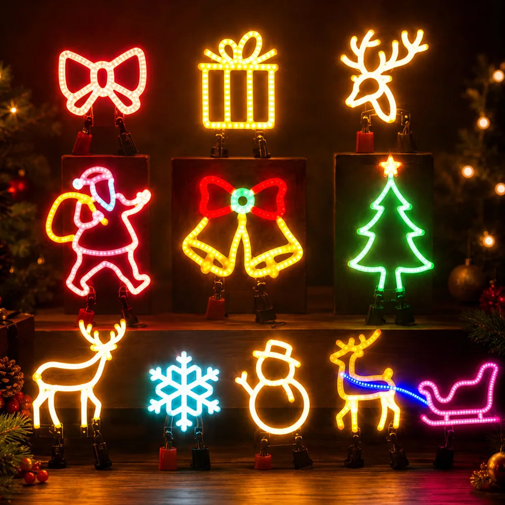 Christmas Decoration LED Neon Sign Light Deer Head LED Lamp Christmas Hat Elk Tree Snowflake Decor Room Wall Shop Window Hang view 2