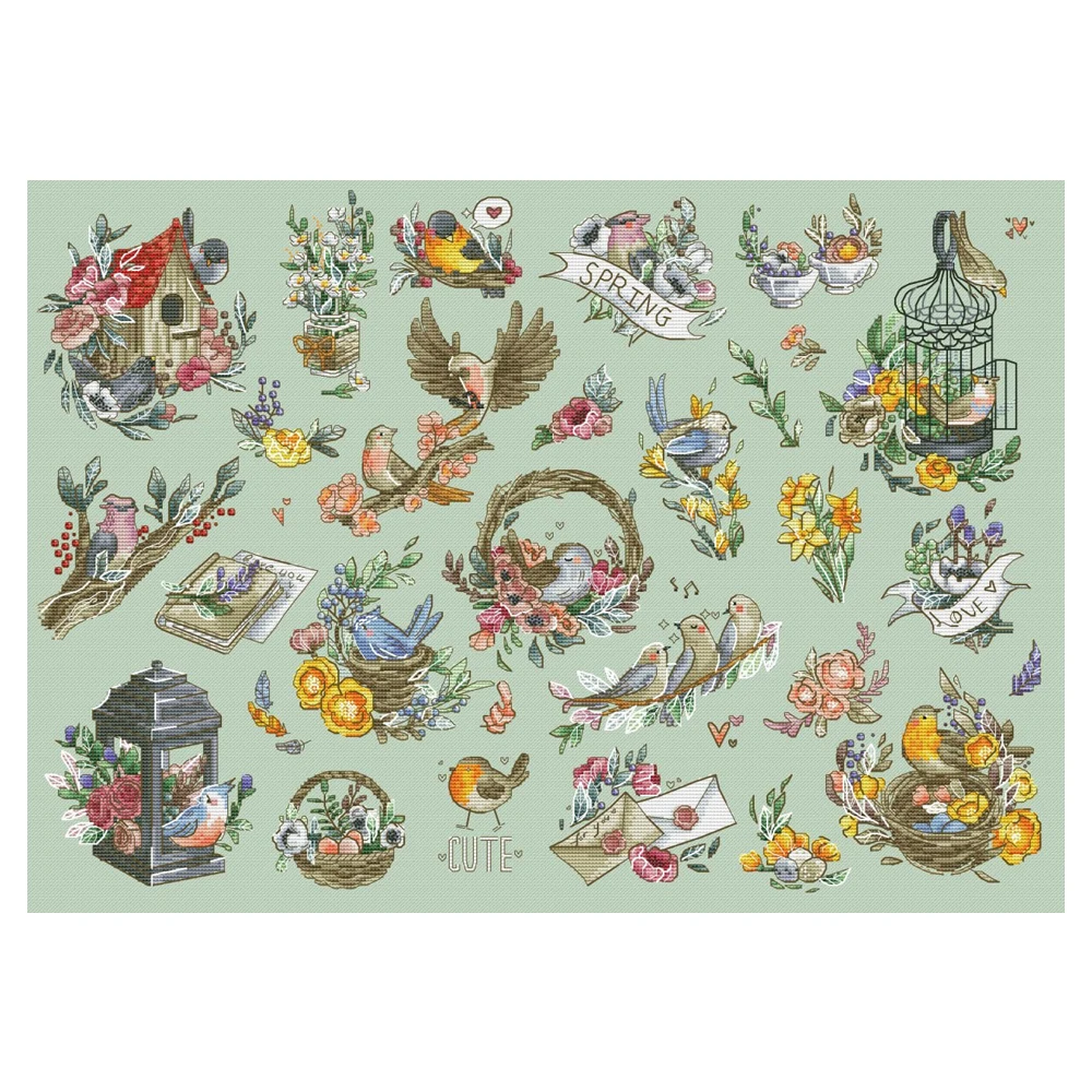 Lovely Counted Cross Stitch Kit, Spring Birds Flowers Wreath Animals Birdhouse Nest 42093 Embroidery DIY Kit, Top Quality