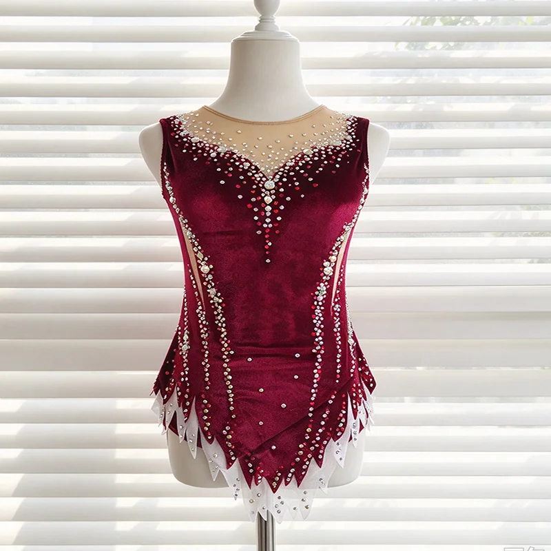 Girls Burgundy Velvet Rhythmic Gymnastics Leotard, Kids Rhinestone Sleeveless Competition Costume for Gymnastics Arena Performan