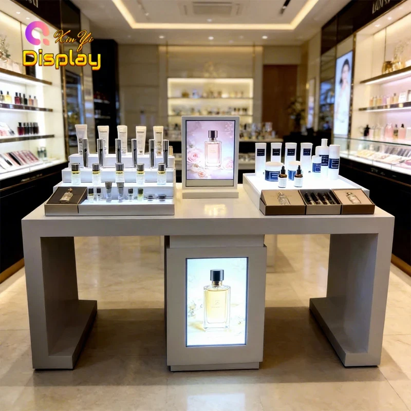custom.Commercial Beauty Salon LED Lit Multi-tier Perfume & Skincare Display Table Mall Use Fragrance Showcase