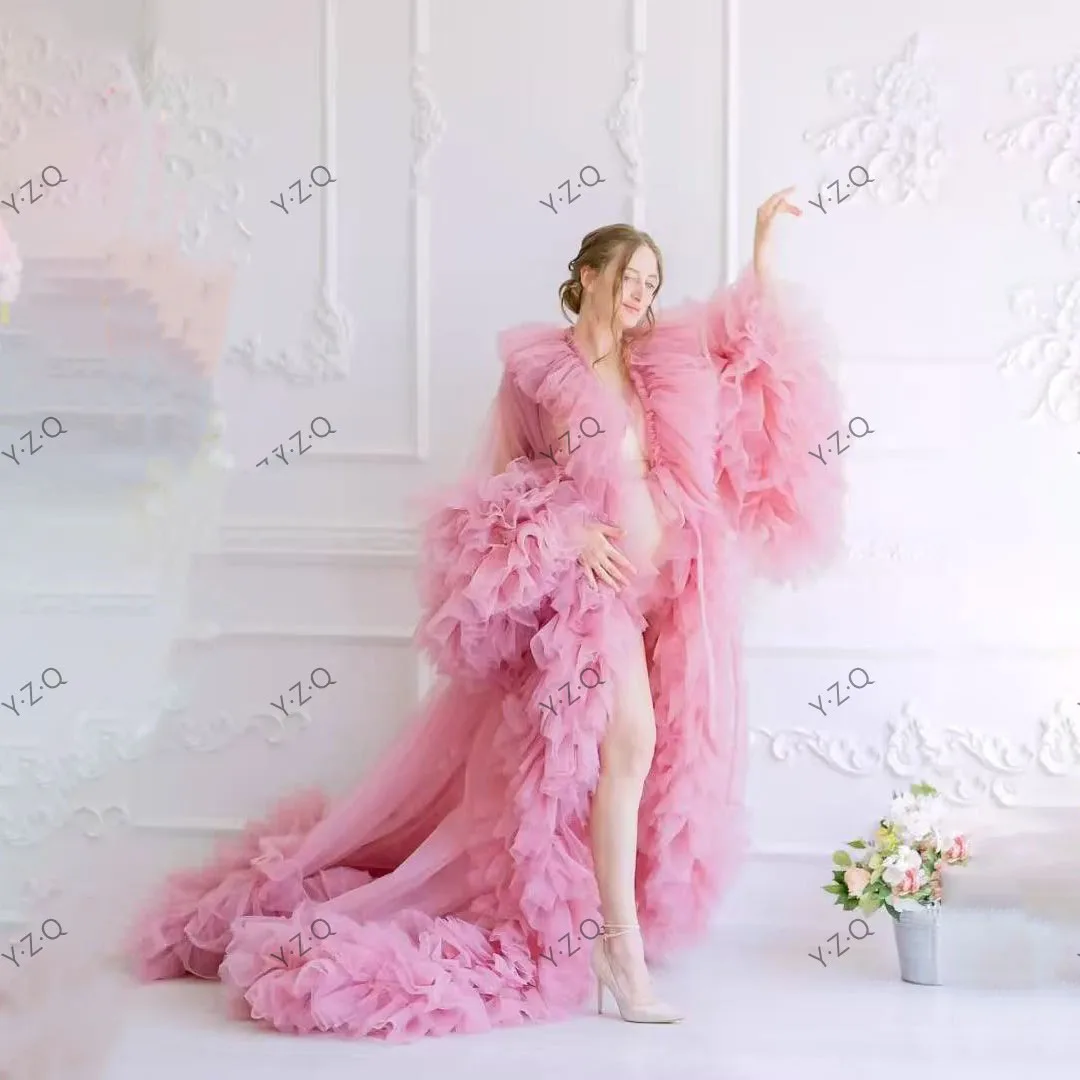 Luxury Pink Maternity Gowns for Photoshoot Elegant Sheer Maternity Dress for Baby Shower with Flare Sleeves Robe Women Custom