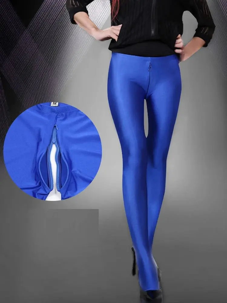 S-XXL Glossy Shiny Spandex Pantyhose Trousers Zipper Open Crotch Leggings Tights Sexy Collant Strumpfhose Spodnie Pantalon Pants