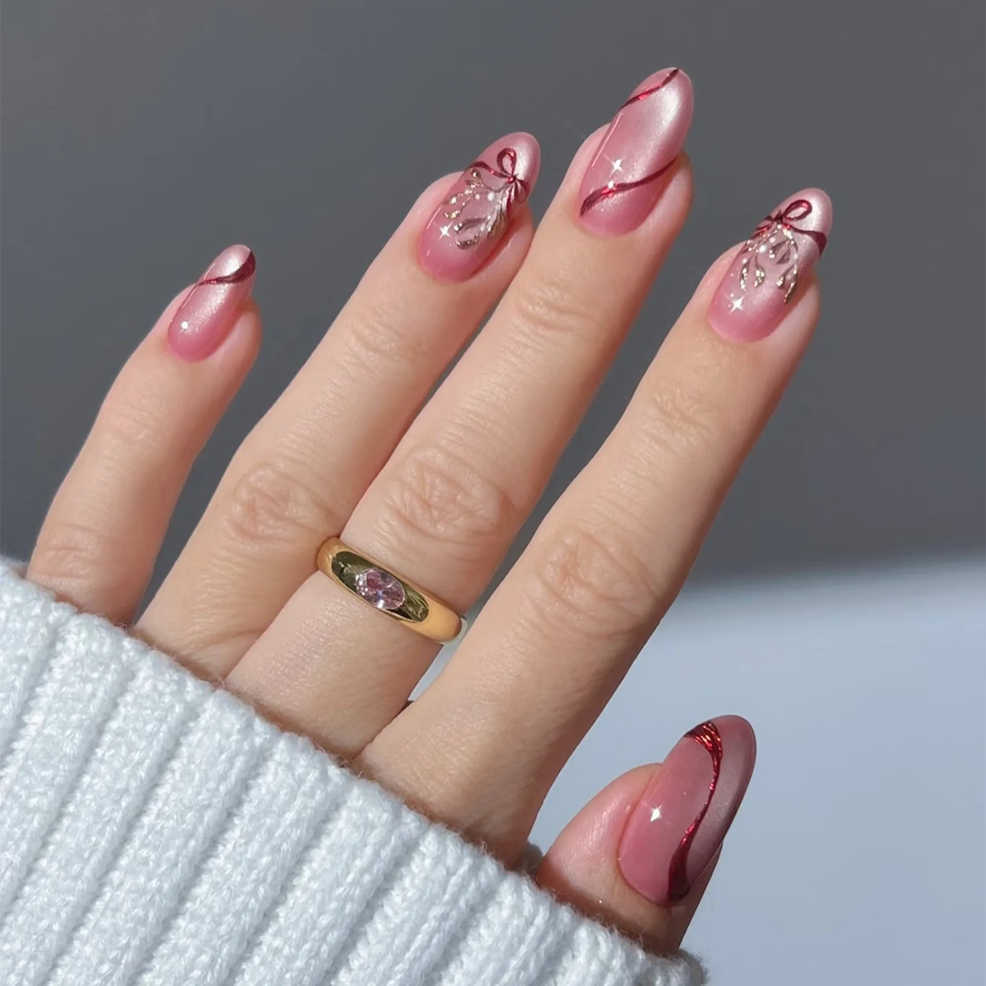 

24PCS Luxurious Ice Transparent Fine Glitter False Nails Sweet Pink Almond Shape Cat Eye Gilded Bow Press on Nails Daily 네일팁 투명