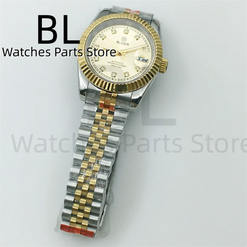 BLIGER Luxury 36mm/39mm Men Watches NH35 Automatic Silver Gold Case Gold Dial Diamond Blue AR Sapphire Glass Date Waterproof