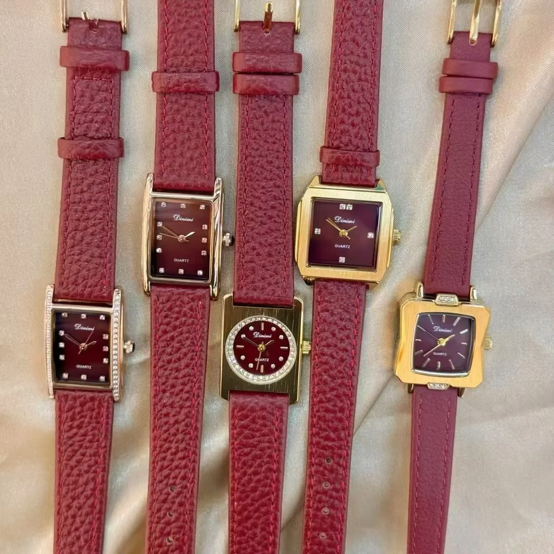 우아한 여성용 시계, 버건디 가죽 스트랩이 있는 2025년 신형 여성용 시계, 고급 시계, 여성용 주얼리, 여성용 선물