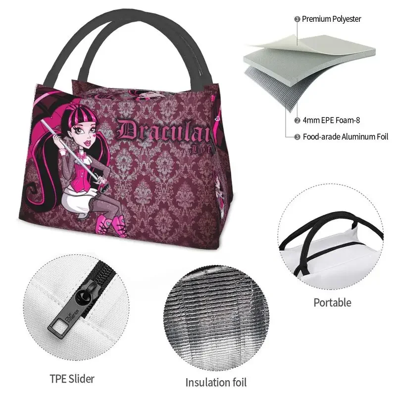 Cartoon Movie Monster High Draculaura Insulated Lunch Bag for School Office Portable Cooler Thermal Lunch Box Women lunchbag