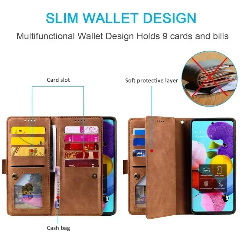 For Poco X6 F5 X5 M4 X4 X3 M3 M6 Pro 5G Multi 9-Card Zipper Case For Xiaomi Poco C65 M5S F4 F3 X3 NFC X4 GT Leather Wallet Cover