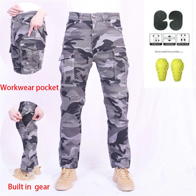 Anti fall Camouflage Loose Straight Leg Cycling Pants for Summer And Autumn Men Motorcycle Riding Jeans Daily Wear Workwear