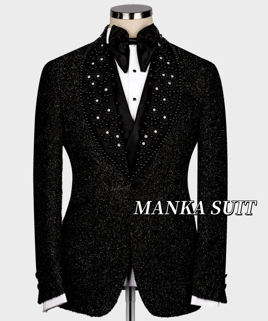 3pcs Luxury Black Wedding Tuxedo Groom Men Suits Slim Fit Crystals Pearls  Blazer Vest Pants Customized Men Costume