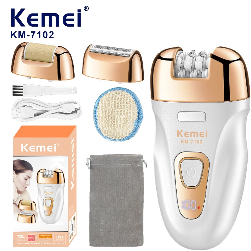 Kemei Portable 3-in-1 Hair Removable Wet/Dry Unisex Travel Shaver Hair Remover for Men Women Epilator Painless Bikini Trimmer