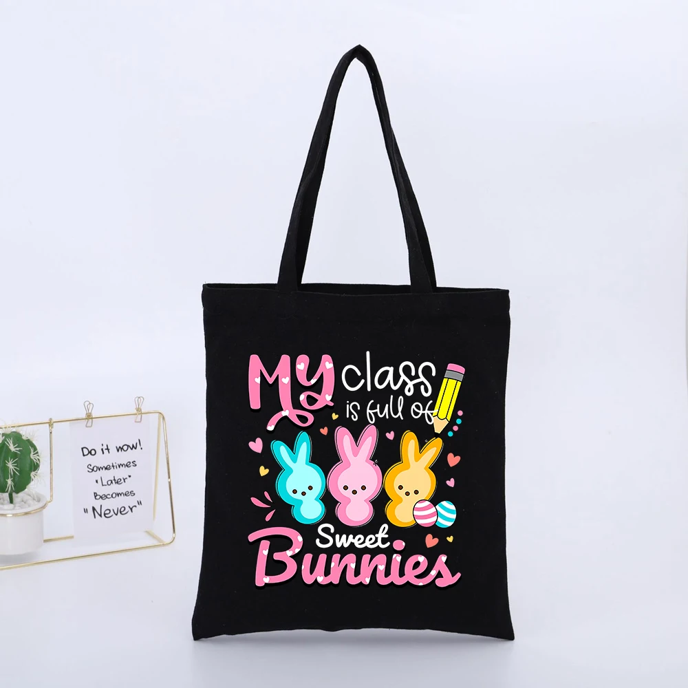 Teacher's Easter Bunny and Egg Graphic Canvas Tote Bag, Casual Style for Daily School Use
