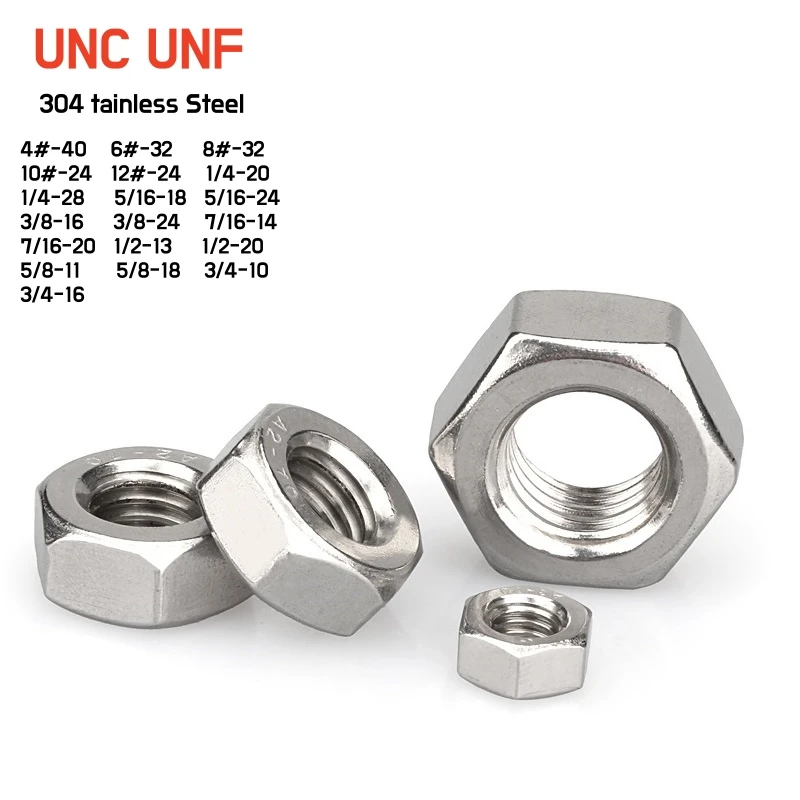 1~20pcs 304 A2-70 Stainless Steel US Coarse Fine Thread Hex Hexagon Nut UNC UNF 4# 6# 8# 10# 12# 1/4 5/16 3/8 7/16 1/2 5/8 3/4