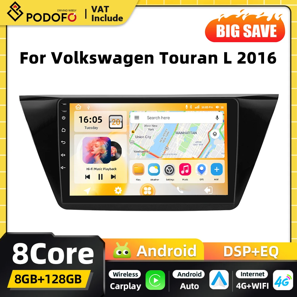 Podofo Qualcomm 8-Core Carplay 2DIN Lettore multimediale per auto Android per Volkswagen Touran L 2016 Navigazione GPS DSP WIFI FM RDS