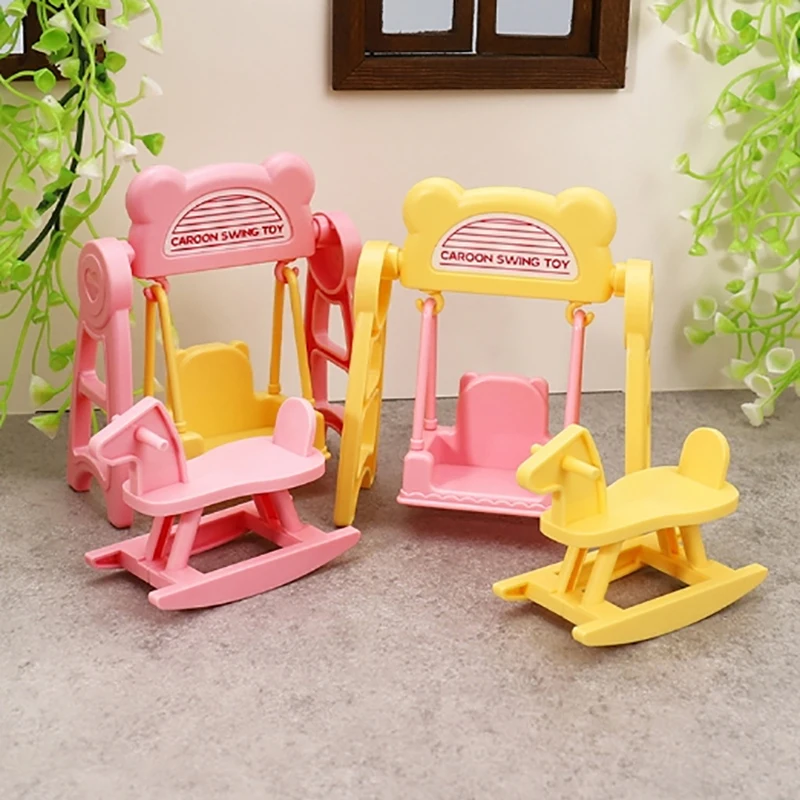 【BS】1 Set Dollhouse Macaron Color Miniature Swing Horse Kit For Baby Doll Kids Pretend Play Toys Girls Gifts DIY Accessories