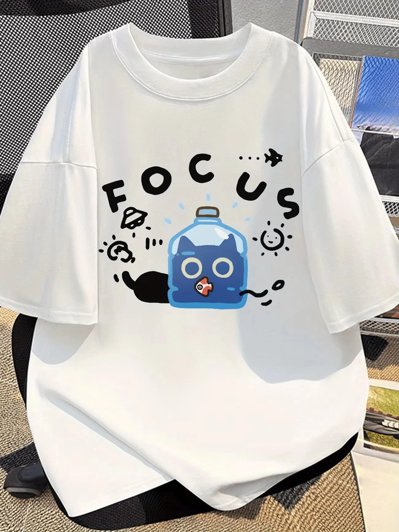 2026 Harajuku Style Cat T-Shirt Funny Animal Graphic Tee FOCUS Letter Print Streetwear Casual Loose Fit S