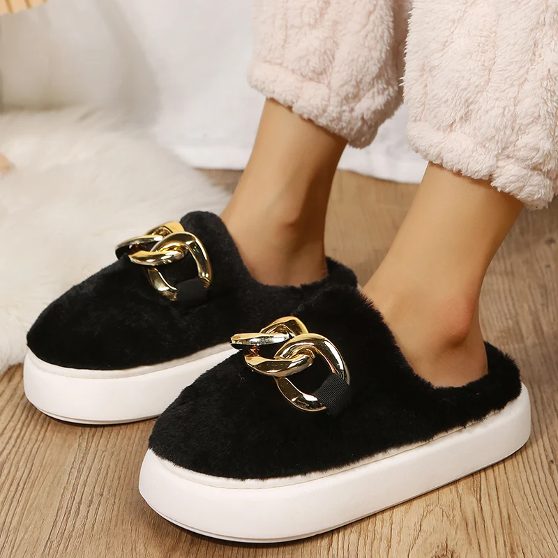 White Women Home Slipper Autumn Winter Plush Warm Shoes Ladies Indoor Faux Fur Shoes Slides Fashion Chain Ladies Family Slippers