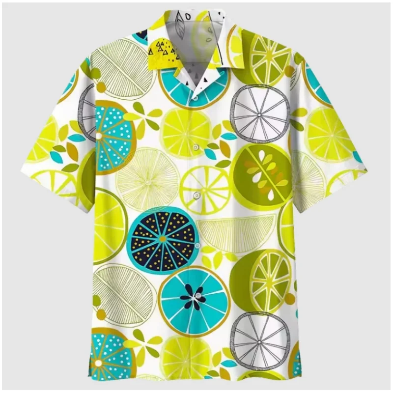 Lemon Pattern Aloha Shirts Men 3D Printed Tropical Fruits Short Sleeve Button Blouse Streetwear Oversized Lapel Hawaiian Shirt M