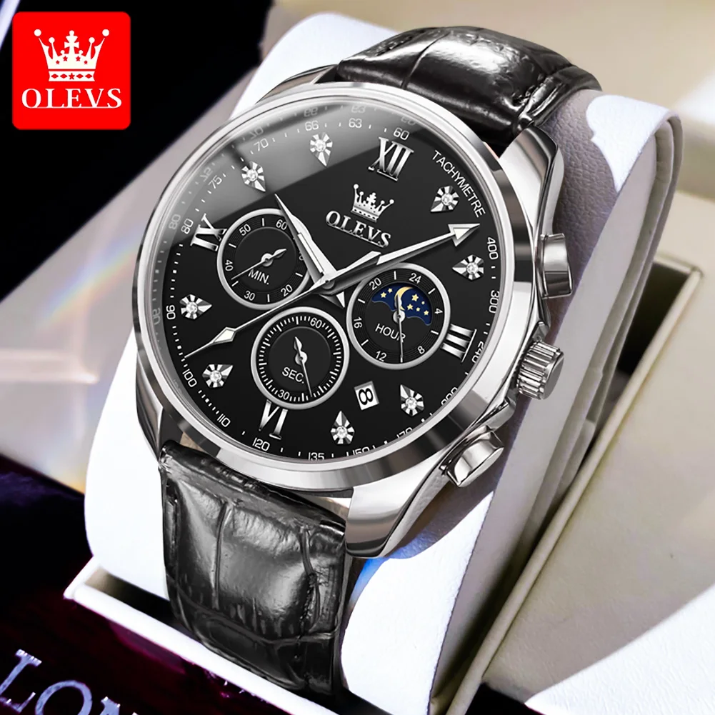 

OLEVS Top Brand Fashion Men's Watches Luminous Moon Phase Quartz Watch Business Calendar Leather Strap Original Wirstwacth