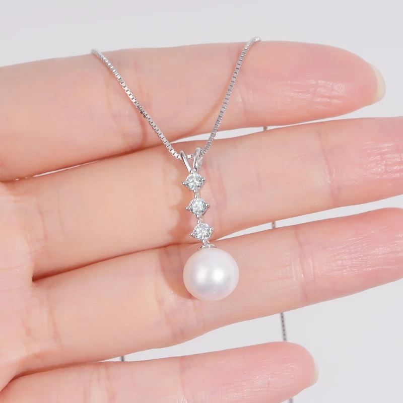 Anziw Natural Freshwater Pearl Moissanite Pendant Necklace Real Silver 925 Wedding Engagement Fine Jewelry for Women Gift 45+5cm