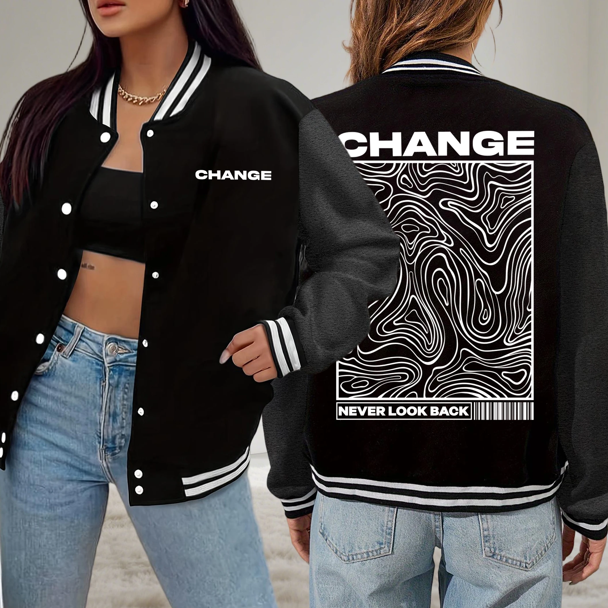 

Change Never Look Back Street Graphic Print Women Baseball Jacket Sport Fleece Coat All-Match Casual Sportswear Button Loose Top