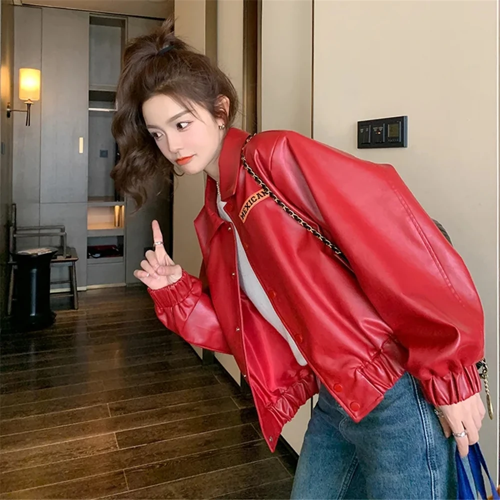 Y2K2024 Spring And Autumn Women\'S New Fashion Leisure Commuter High Street Red Coat Loose Motorcycle Leather