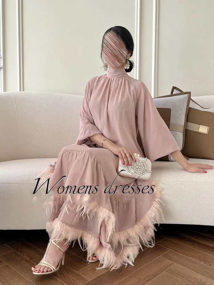 Feather Skirt Hem Evening Dresses Long Sleeve Womens Dresses 2024 Luxury Gown Multilayer Cocktail Prom Gown New فساتين الحفلات