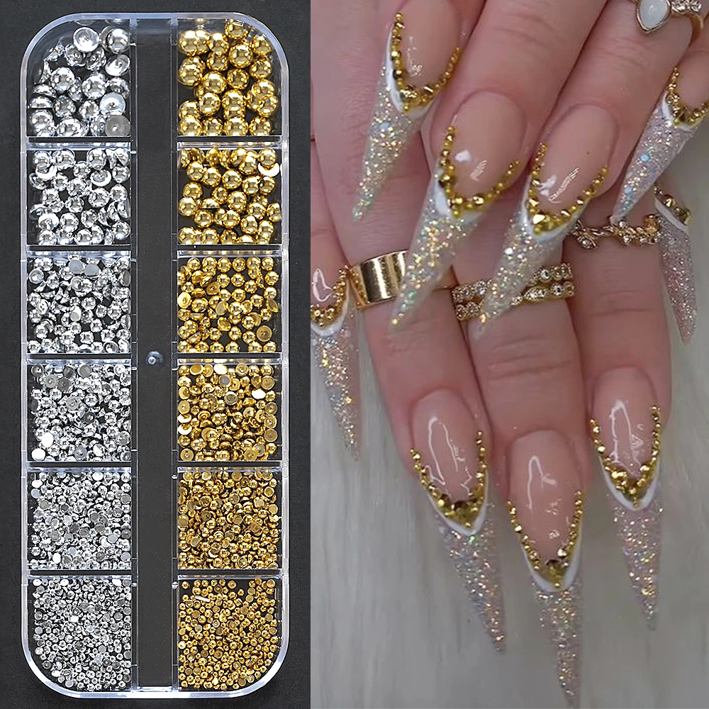 12Grid/Box 3D Gold Silber halbrunde Stahlperlen Nagel Charms 2-8MM Flatback Perle Kaviar Kugel Nagel Strasssteine Y2k Nägel Nieten #