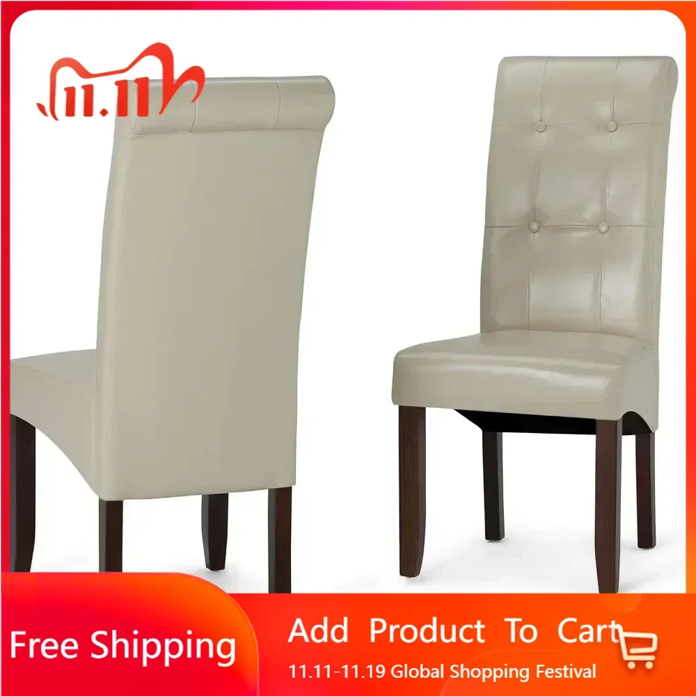 Dining Chair (Set of 2), Satin Cream Faux Leather and SOLID WOOD, Square, Upholstered, Dining Room Multi-functional Chair