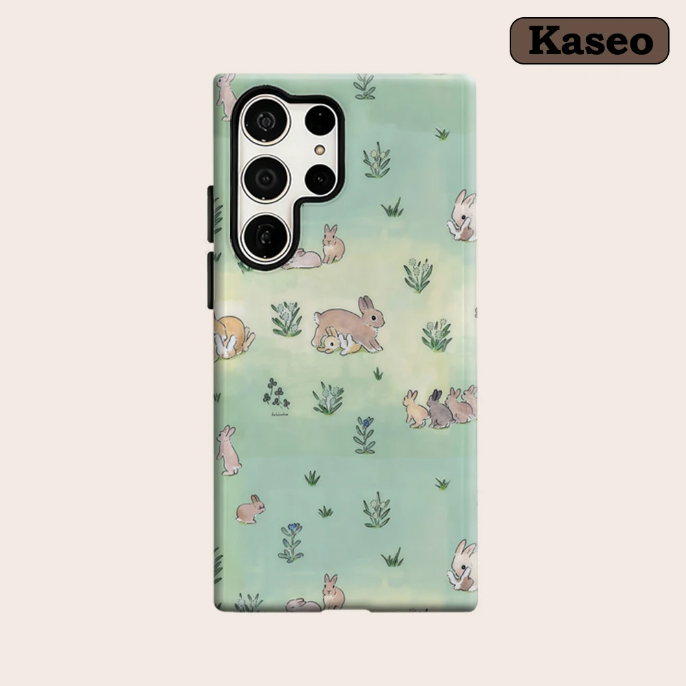 Kaseo Phone Case for Samsung Galaxy S26 S25 Ultra S24 S23 Ultra Plus Shockproof Double Layer Pastoral Bunny & Floral Cover