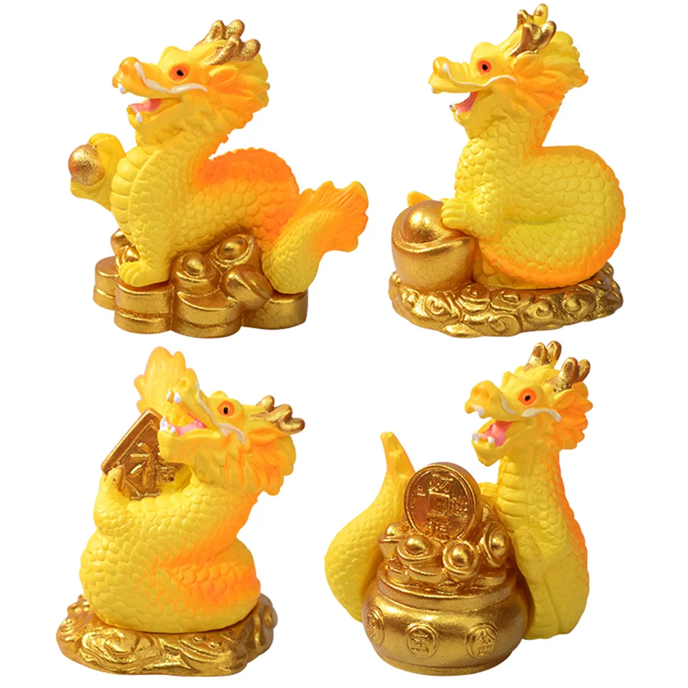 4 Pcs Cars New Year Gift Ingots Decorations Tabletop Miniature Statues Dragon Figurines Animal Resin Garden Decors Office