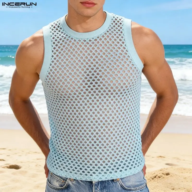 INCERUN Men's Tank Tops Hollow Out Mesh O-neck Sleeveless Male Vests Summer See Through 2026 Streetwear Fashion Sexy Men Clothes