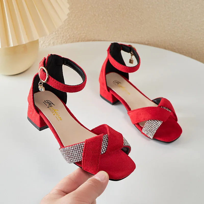 Sandalias de moda para niñas, zapatos de princesa para fiesta de boda, Sandalias de tacón alto con diamantes de imitación, calzado rojo