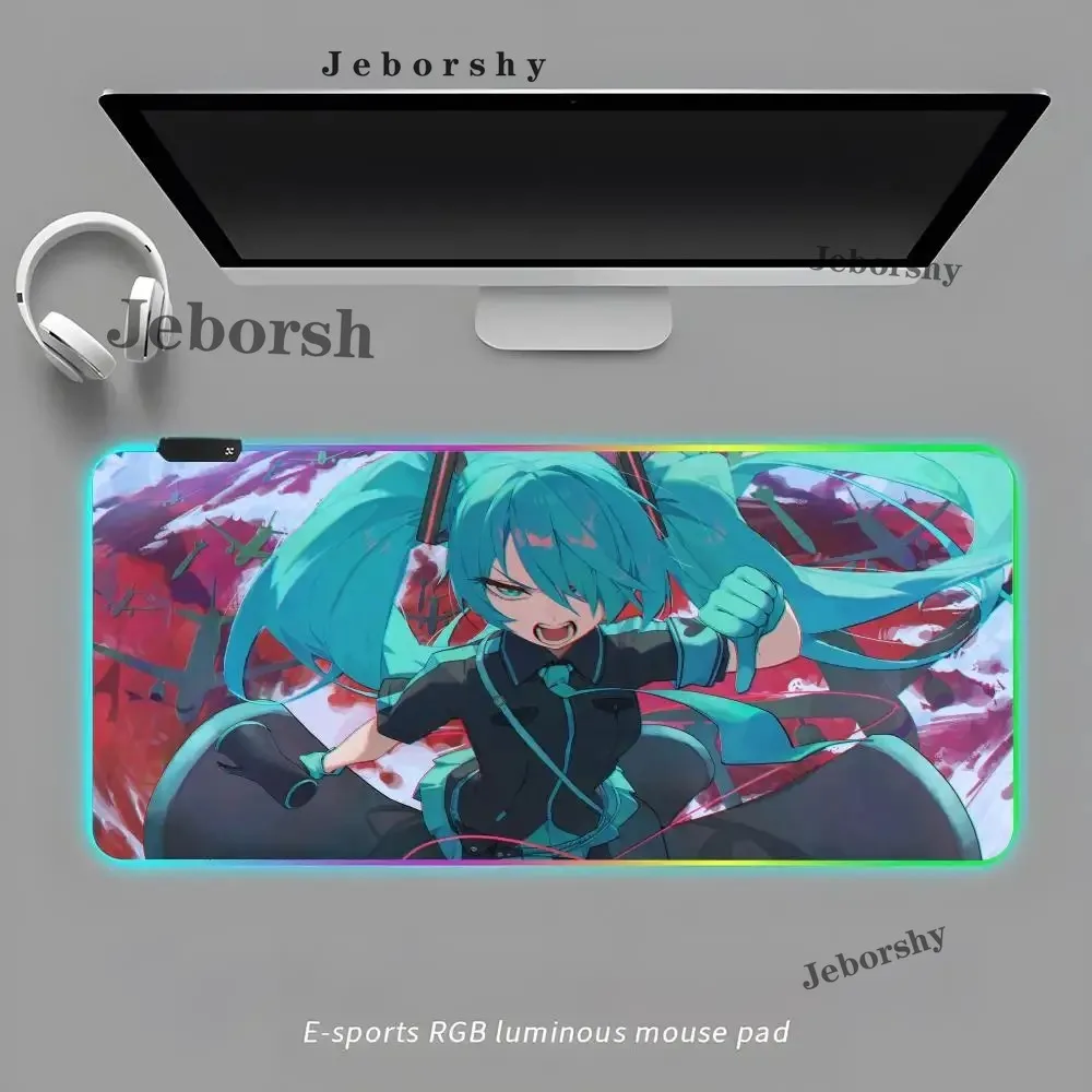 

RGB LED E-Sports Gaming Mouse Pad, Non-Slip Desk Mat, Teal-Haired Anime Girl with Attitude, Water-Resistant Keyboard Pad