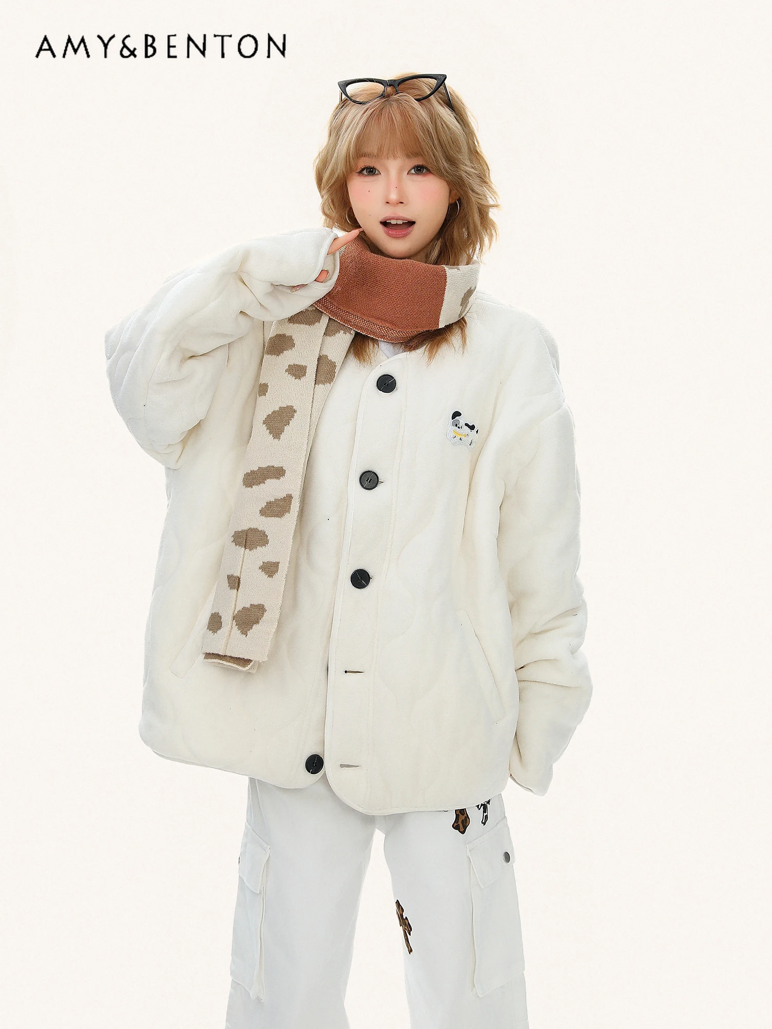 

Winter New Korean Style Sweet Atmosphere Casual Padded Jacket Women’s Puppy Embroidery Thickened Warm White Cotton Coat