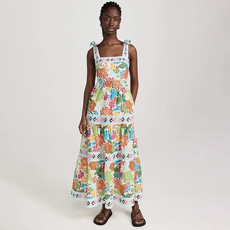 

Летнее женское платье без рукавов, без воротника, с высокой талией, с растительным принтом, большие распашные подтяжки, новый летний стиль
