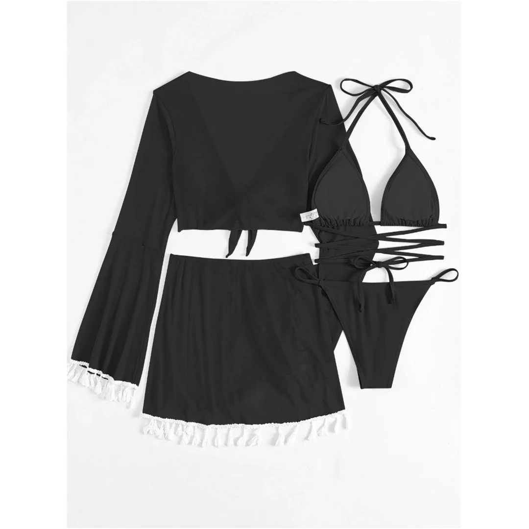 S - XL, mit Fransenrock, langärmeliges Bikini-Set für Damen, Badebekleidung, vierteiliges Bikini-Set, Badeanzug, Badebekleidung, Modell V7060. – Detail 36