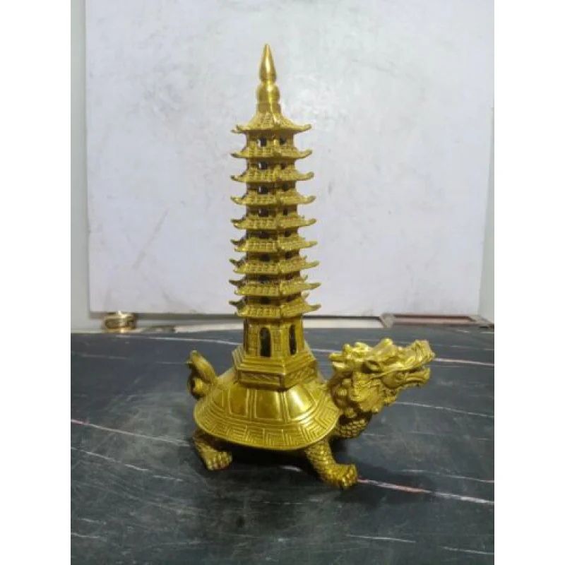 10-Inch Brass Household Feng Shui Driving Evil Good Luck Dragon Turtle Pagoda