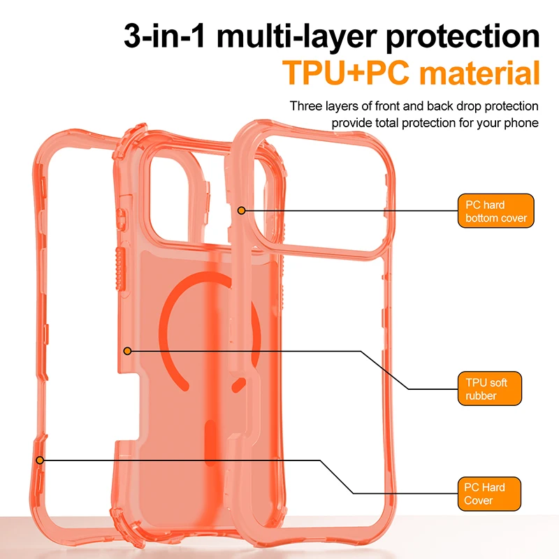 3IN1 حافظة مغناطيسية مقاومة للصدمات شديدة التحمل لهاتف آيفون 17 برو ماكس 17 غطاء حبل شحن لاسلكي Air Magsafe
