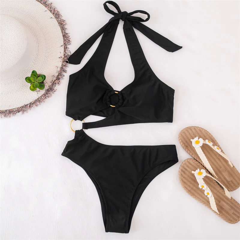 Para Praia Halter One Piece Swimsuit 2024 Hollow Out Swimwear for Women Sexy Ring Bathing Suit High Waist Monokini