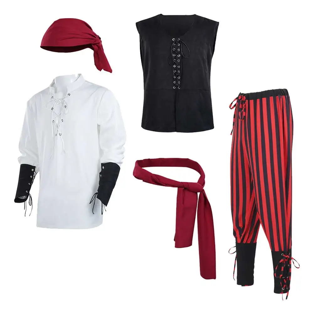 Medieval Pirate Cosplay Red Striped Costume Renaissance Roleplay Pirate Stage Performance Outfits Hat Scarf Vest Halloween Suit