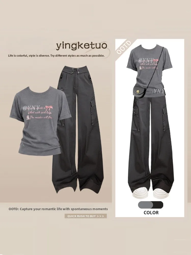 

Summer Women's Casual Loose Feel round Neck T-shirt Wide Leg Straight Pants Set Comfortable Fashion Workwear Style