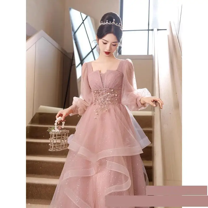 Pink Long Sleeved Evening Gown With Banquet Atmosphere Engagement Light Luxury Starry Sky High-end Feeling Host Gown Customized