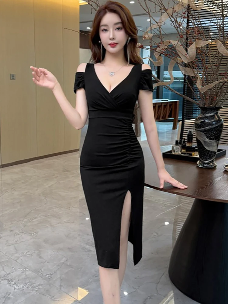 2025 Rode Off Schouder V-hals Sexy Club Jurk Vrouwen Geplooide Bodycon Casual Midi Jurk Zomer Koreaanse Vintage Luxe Avondjurk