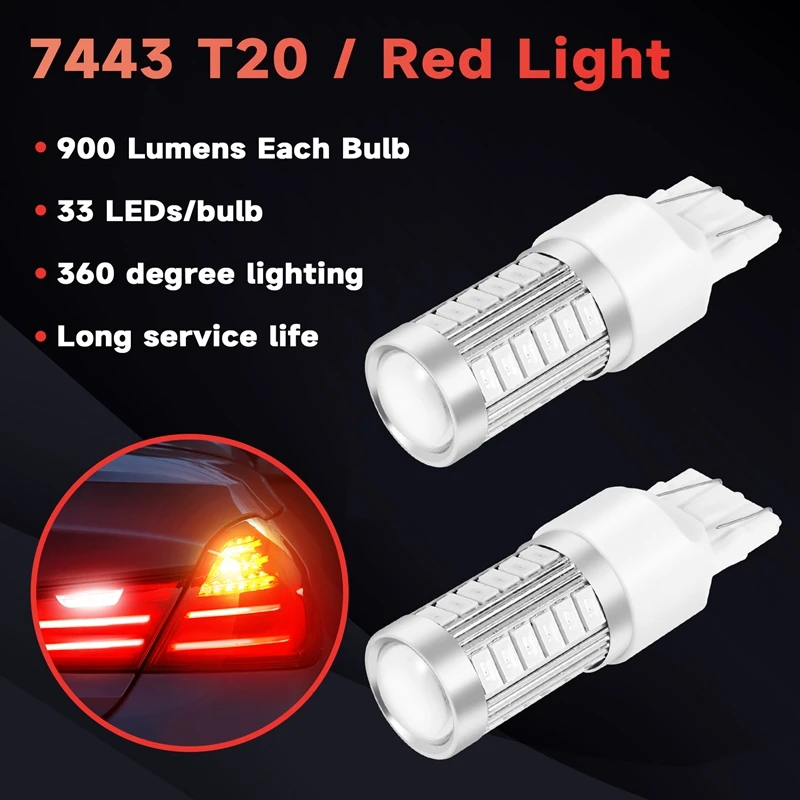 7443, T20 Led Bulbs Red 900 Lumens Super Bright Turn Signals Light Brake Stop Parking Light Back Up Reverse Light Tail Light Bul