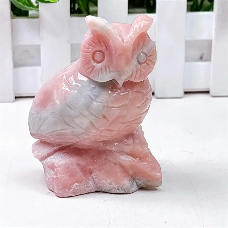 

Natural Pink Opal Owl Carving Crystal Animal Beautiful Gemstone Crafts For Fengshui Home Decoration Collection 1pcs